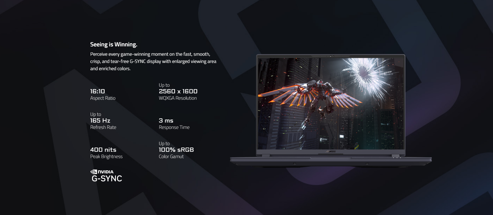 A large marketing image providing additional information about the product Gigabyte AORUS 16X ASG-53AUC64SH 16" 165Hz 14th Gen i7 14650HX RTX 4070 Win 11 Gaming Notebook - Additional alt info not provided